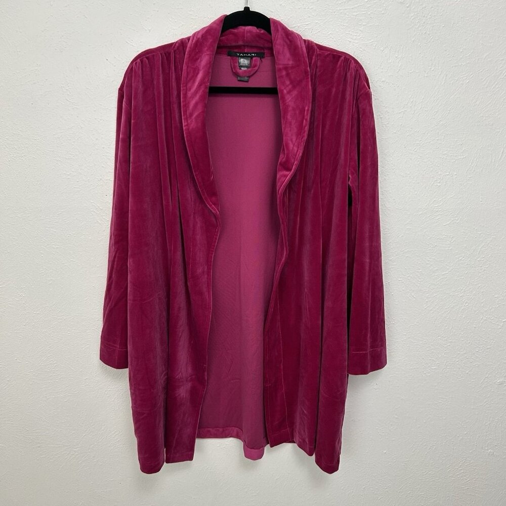 Tahari Fuchsia Pink Velvet Velour Cardigan Open Front Pockets Size L Comfy‎ Cozy